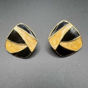 Monet Gold Tone with Black and Cream Enamel Clip On Earrings